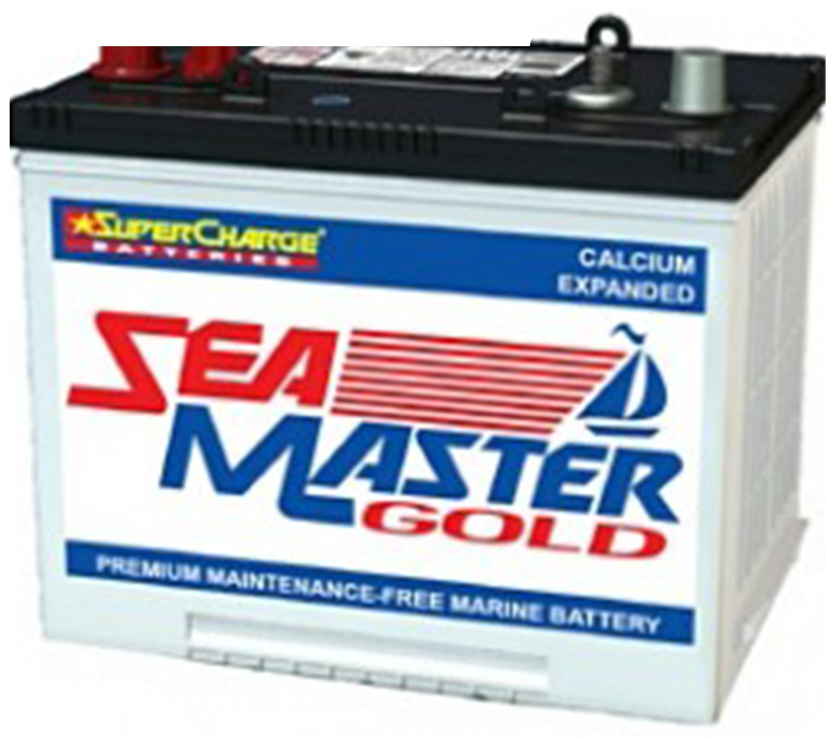 White Sea Master Gold marine battery with blue and red branding and black top terminals