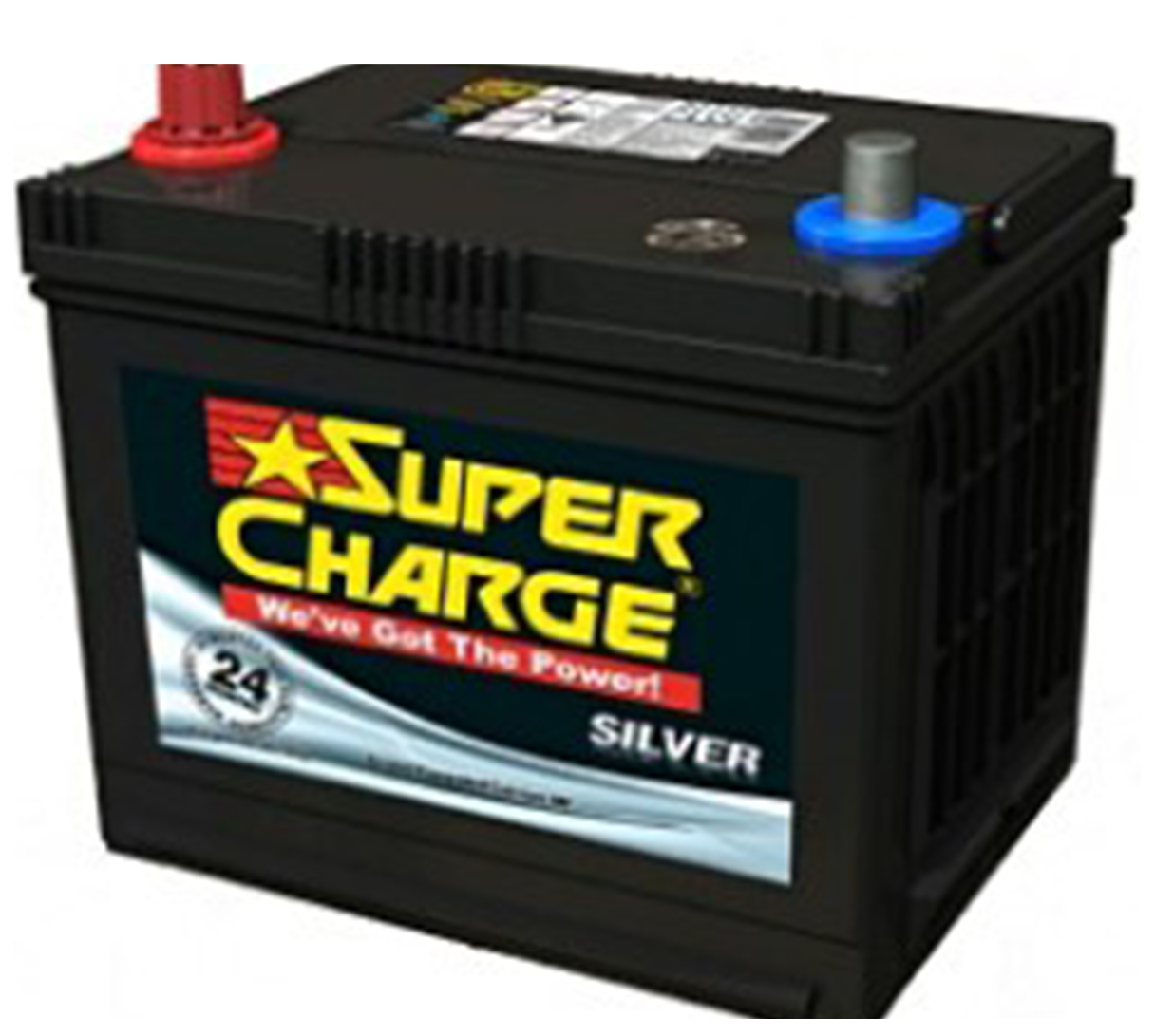 Black Super Charge silver car battery with red and blue terminals