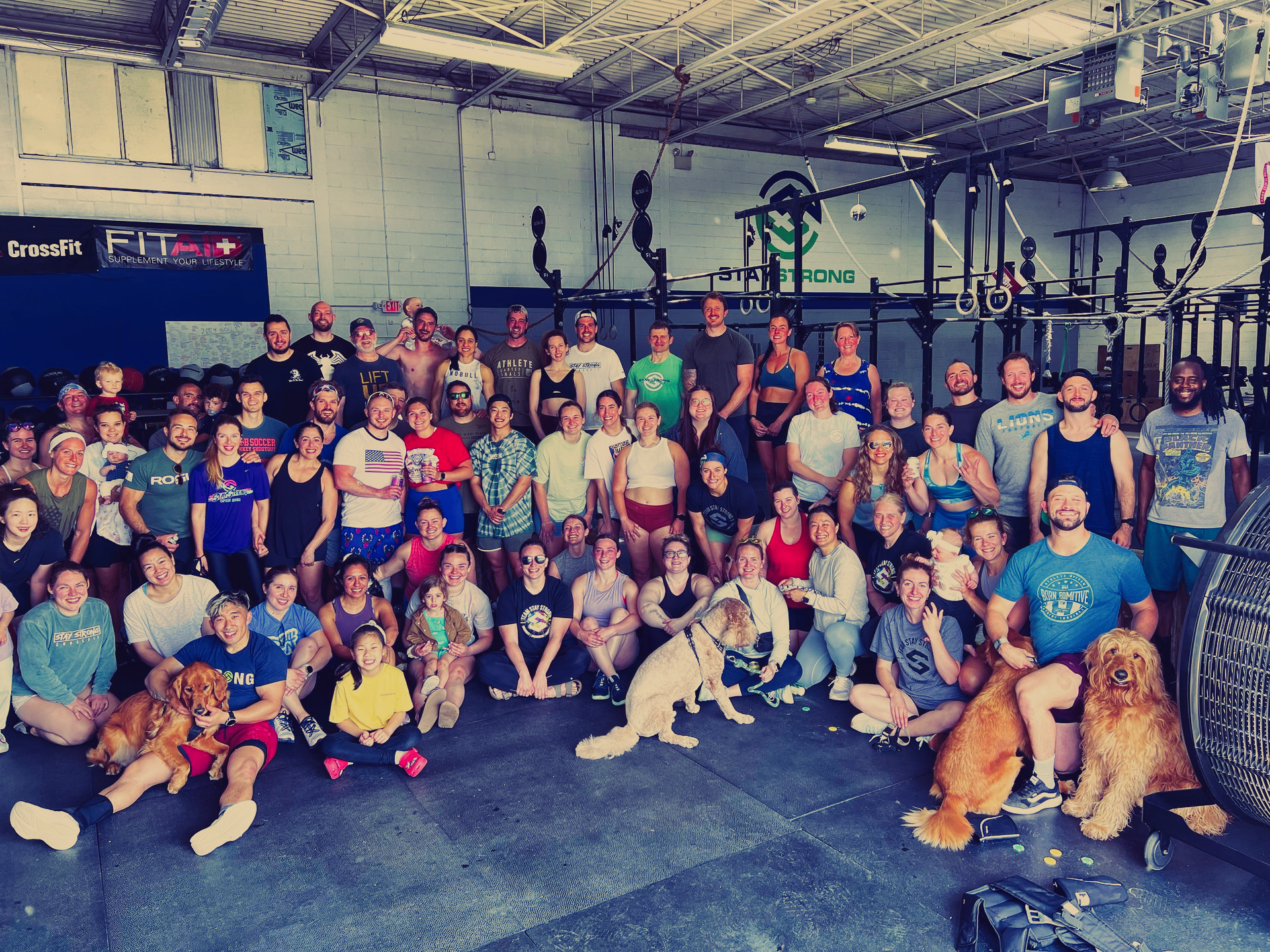 A large group of people and dogs are posing for a picture in a gym.