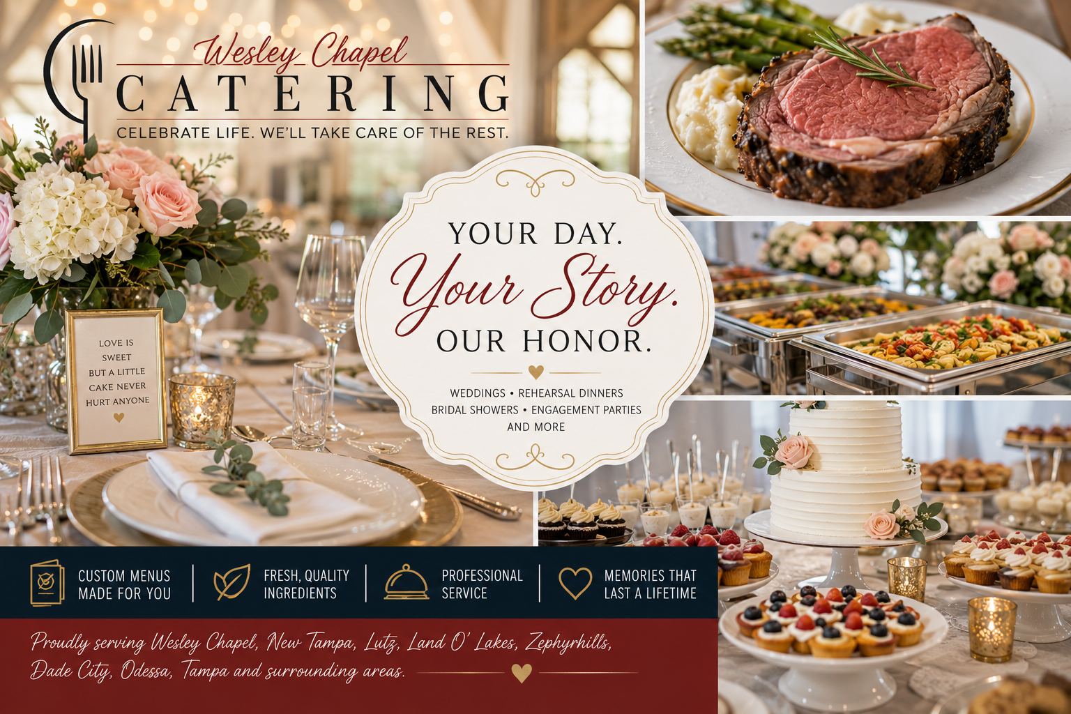 Elegant wedding catering for bridal showers, rehearsal dinners, engagement parties, and wedding receptions in Wesley Chapel, Florida.