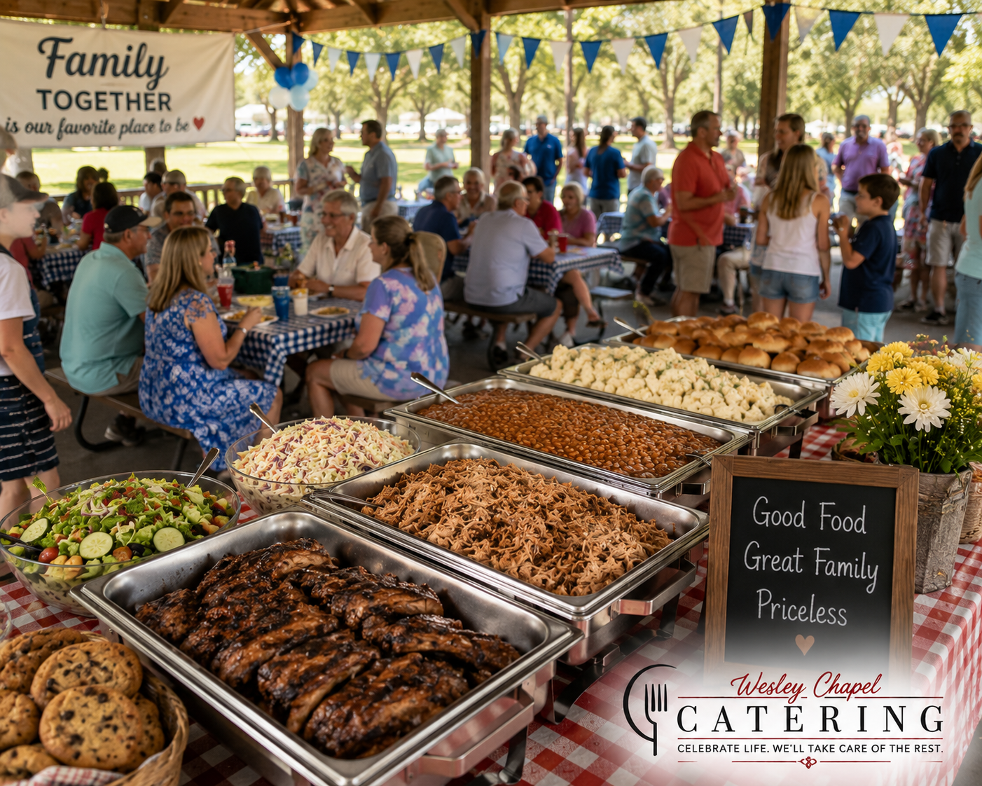 Large family reunion catered by Wesley Chapel Catering featuring a buffet-style meal under a park pavilion with multiple generations enjoying an outdoor celebration in Wesley Chapel, Florida.