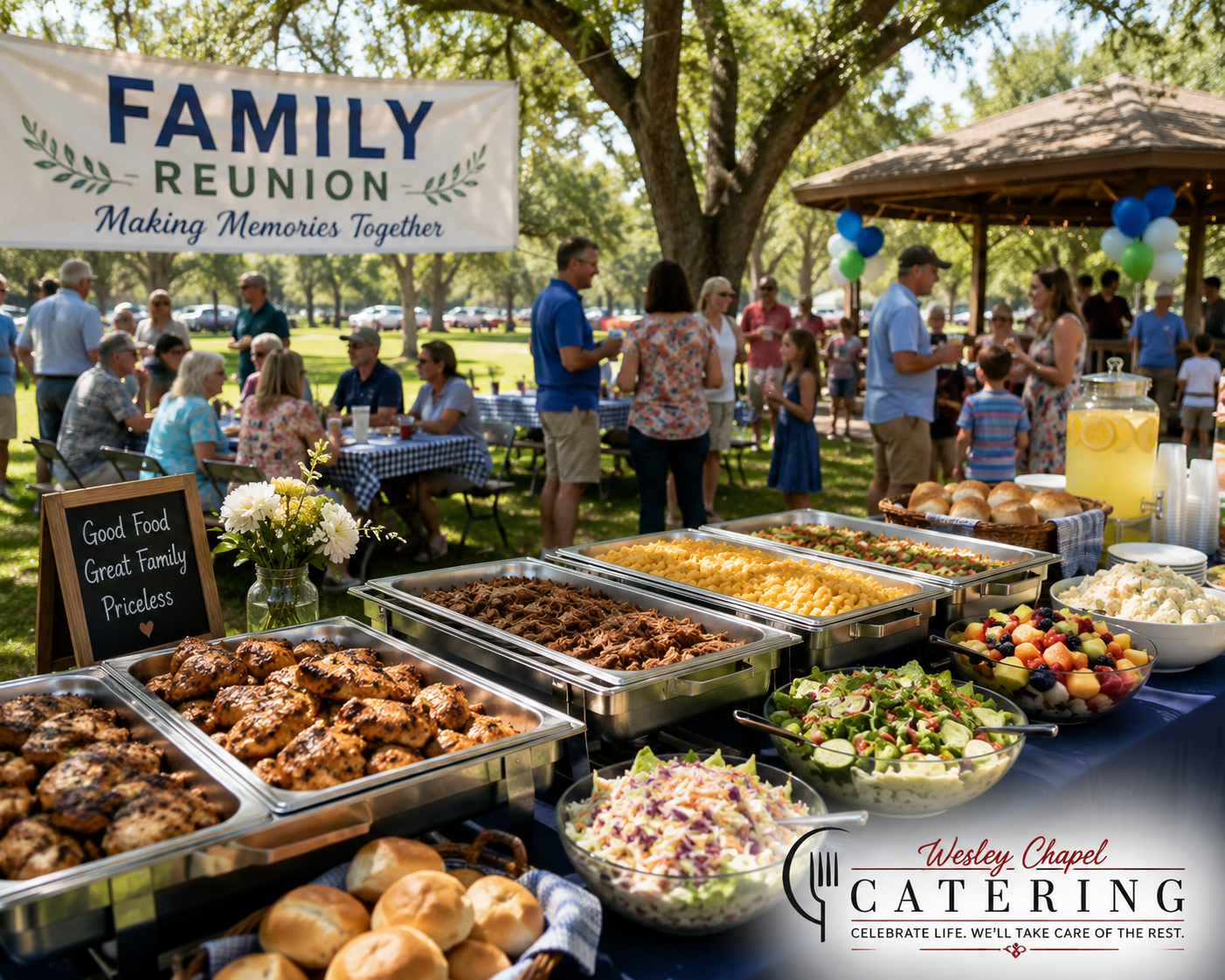 Family reunion catering in Wesley Chapel, Florida featuring a buffet-style meal, outdoor picnic, and