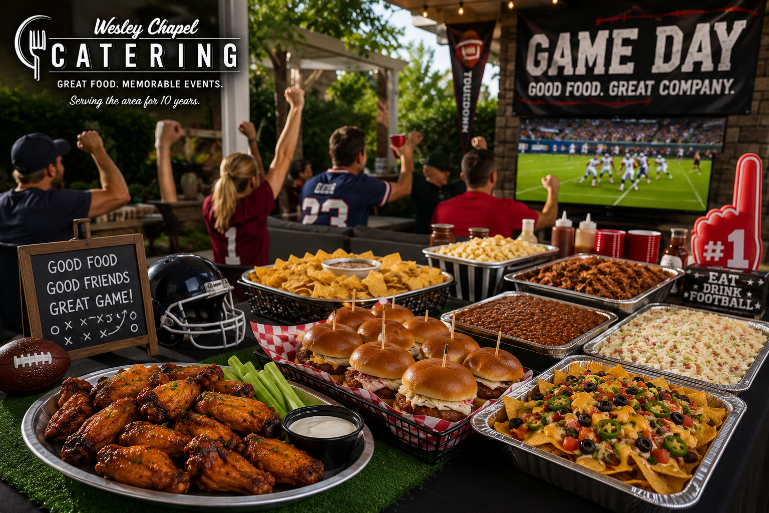 Football party catering by Wesley Chapel Catering featuring wings, sliders, nachos, BBQ, and a game-day buffet for an outdoor football watch party in Wesley Chapel, Florida.