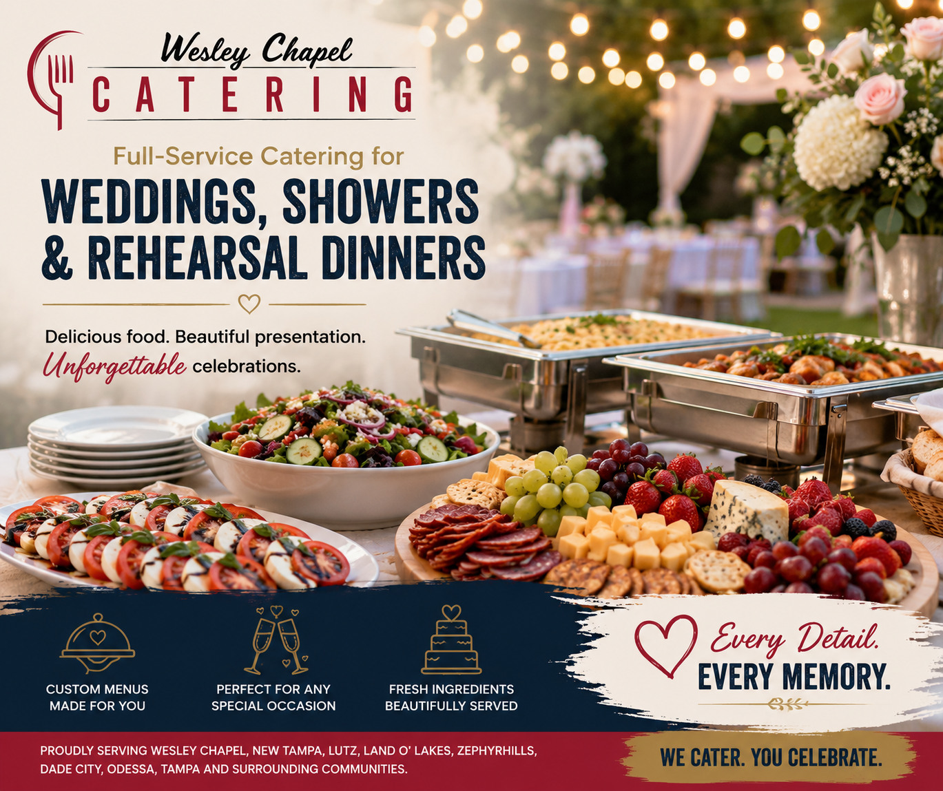 Professional wedding catering buffet for wedding receptions in Wesley Chapel, Florida featuring eleg