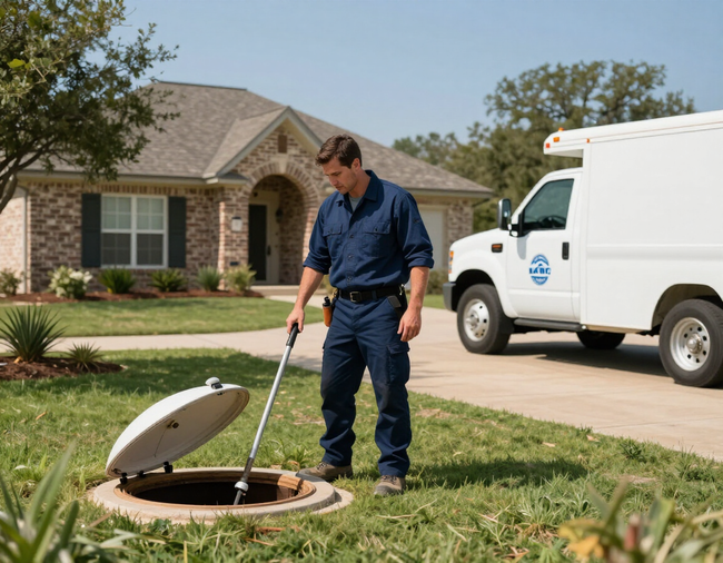 Worker opening a manhole in a suburban yard beside a white utility van