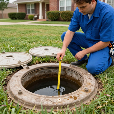 Worker in blue uniform measuring water level in an open manhole on a grassy lawn.
