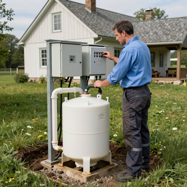 Technician inspecting a white propane tank and electrical boxes outside a suburban house.