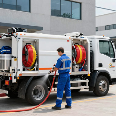 Worker in blue uniform operating a hose on a utility truck with red hose reels outdoors