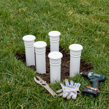 PVC pipe fittings, gloves, wrench, and drill on grass, suggesting outdoor plumbing work