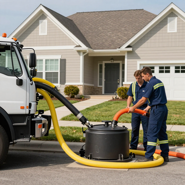 Workers vacuum a flooded driveway outside a suburban house with hoses and a truck-mounted pump