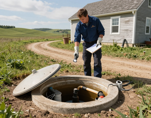 Technician inspecting open rural utility manhole beside a dirt road and house