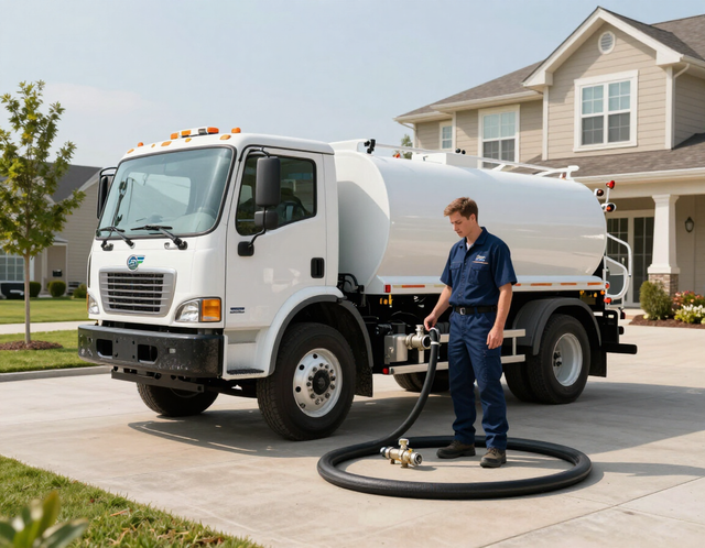 White utility truck parked in a driveway, with a worker standing beside a coiled hose in front of a house.