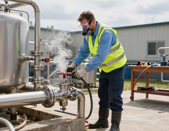 Worker in a high-vis vest inspecting a steaming industrial pipe outdoors