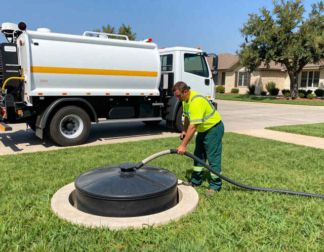 Worker in neon vest cleaning a black manhole cover beside a white utility truck in a suburban street
