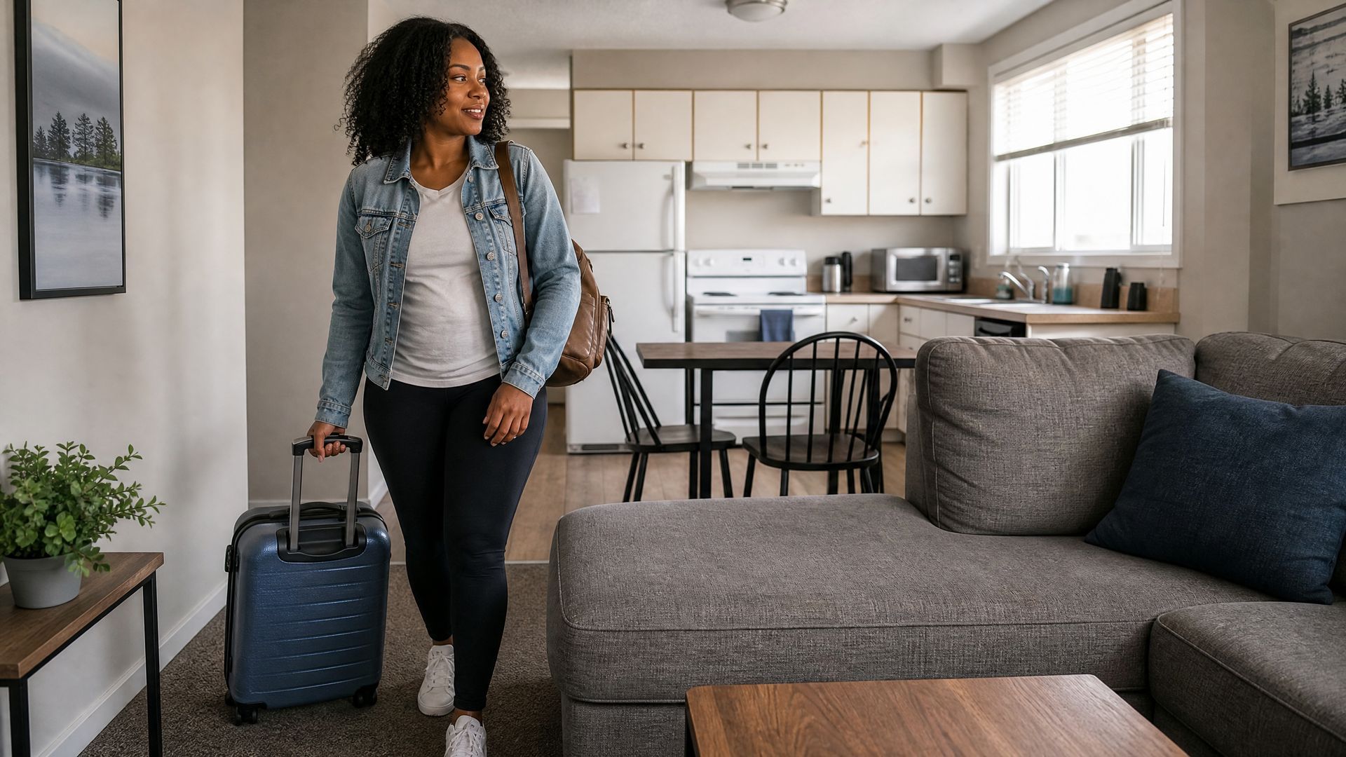 Woman walking with a suitcase through a modern living room toward a kitchen.