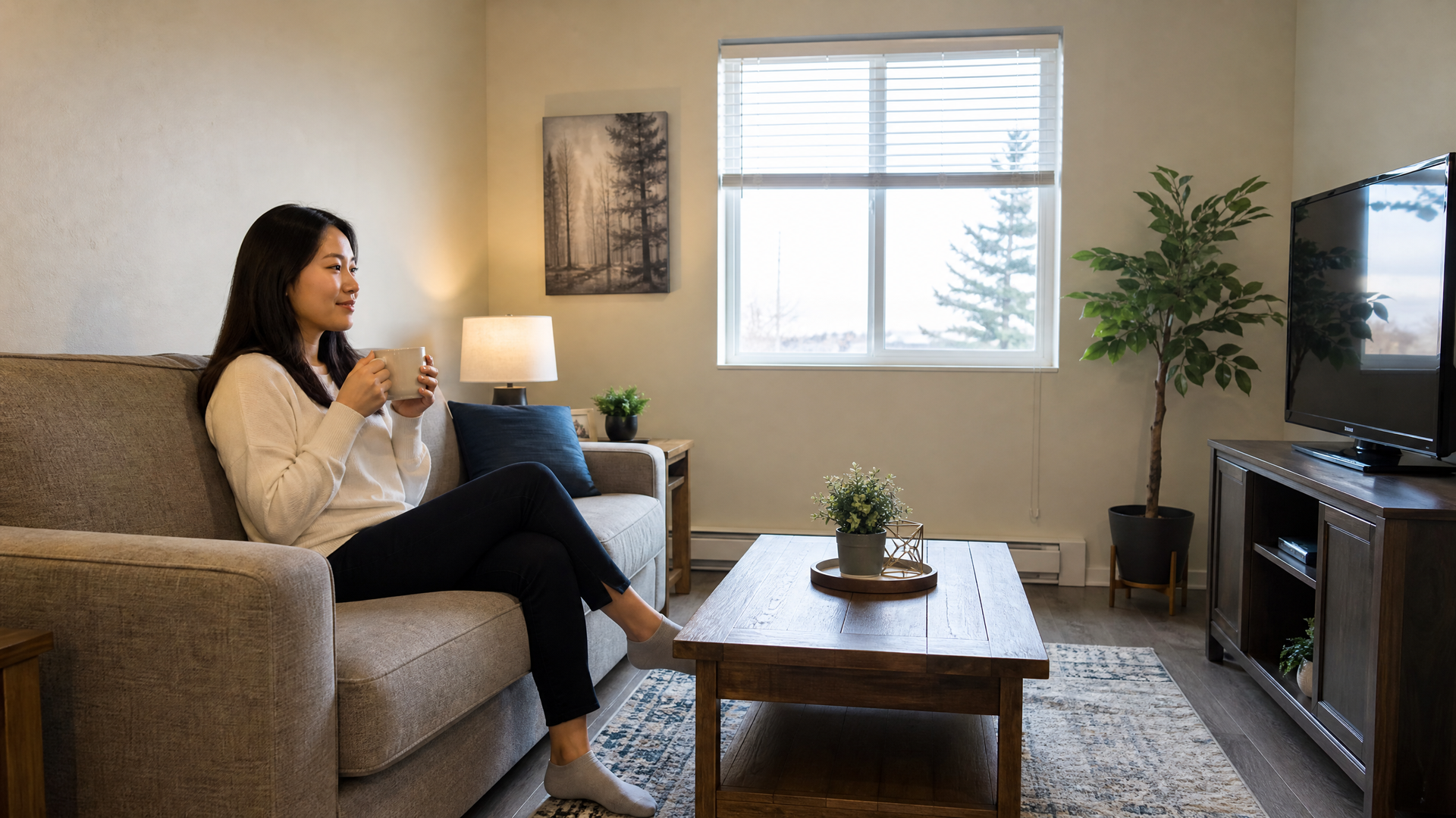 Woman sitting on a sofa in a bright living room, holding a mug and watching TV.