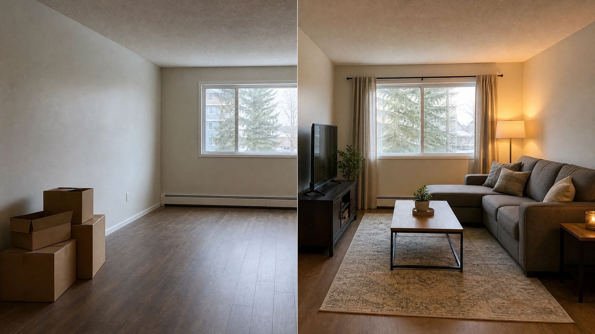 Empty living room with sofa, coffee table, TV, boxes, and large windows.