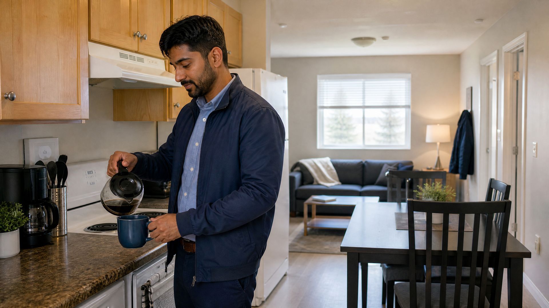 Person pouring coffee in a kitchen, with a bright living room visible in the background
