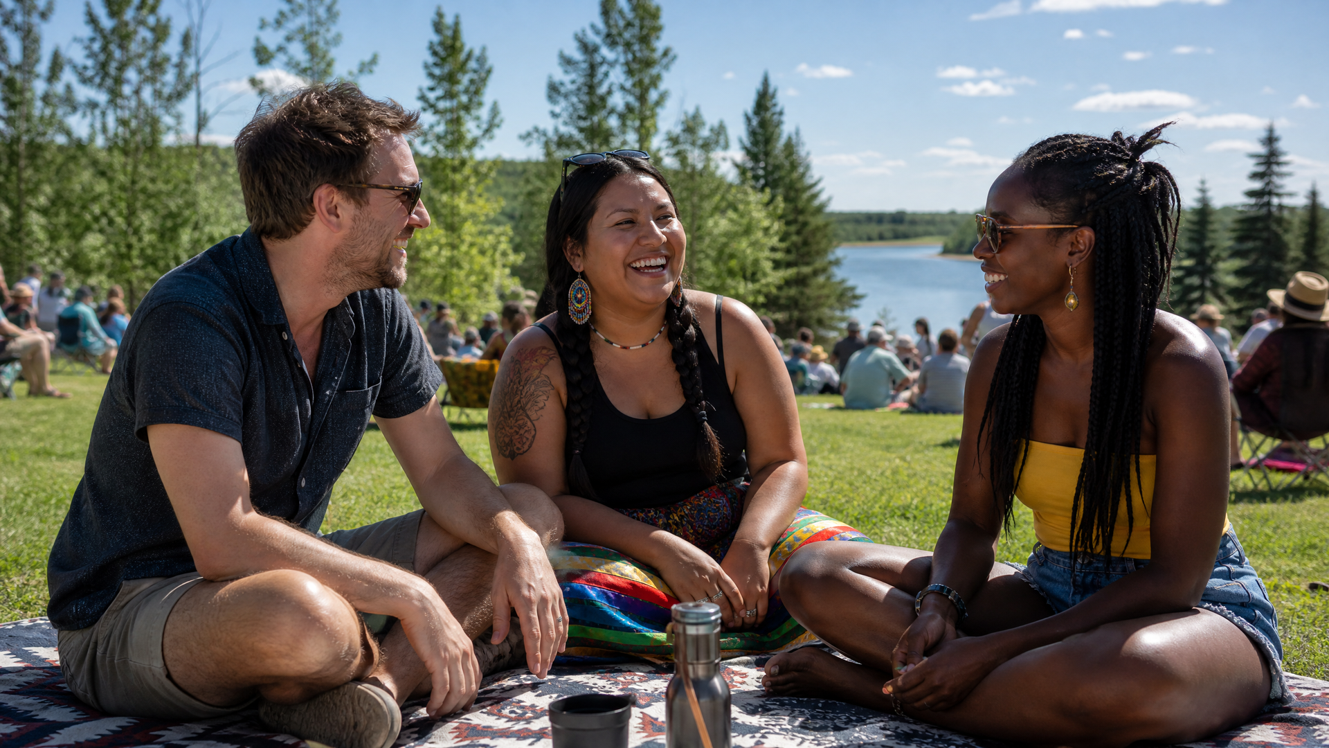 Three people sitting on a blanket by a lake, smiling and chatting on a sunny day.