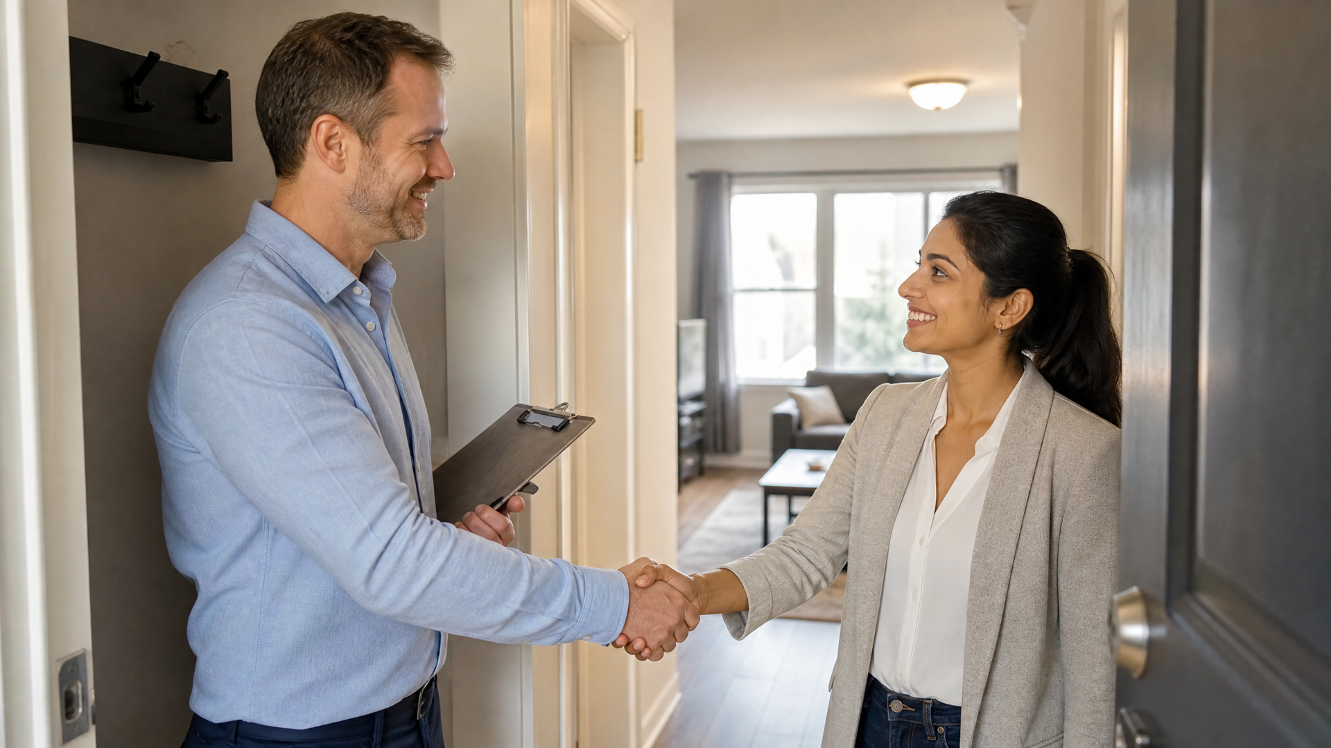 Two people shaking hands in a bright apartment hallway, one holding a clipboard.