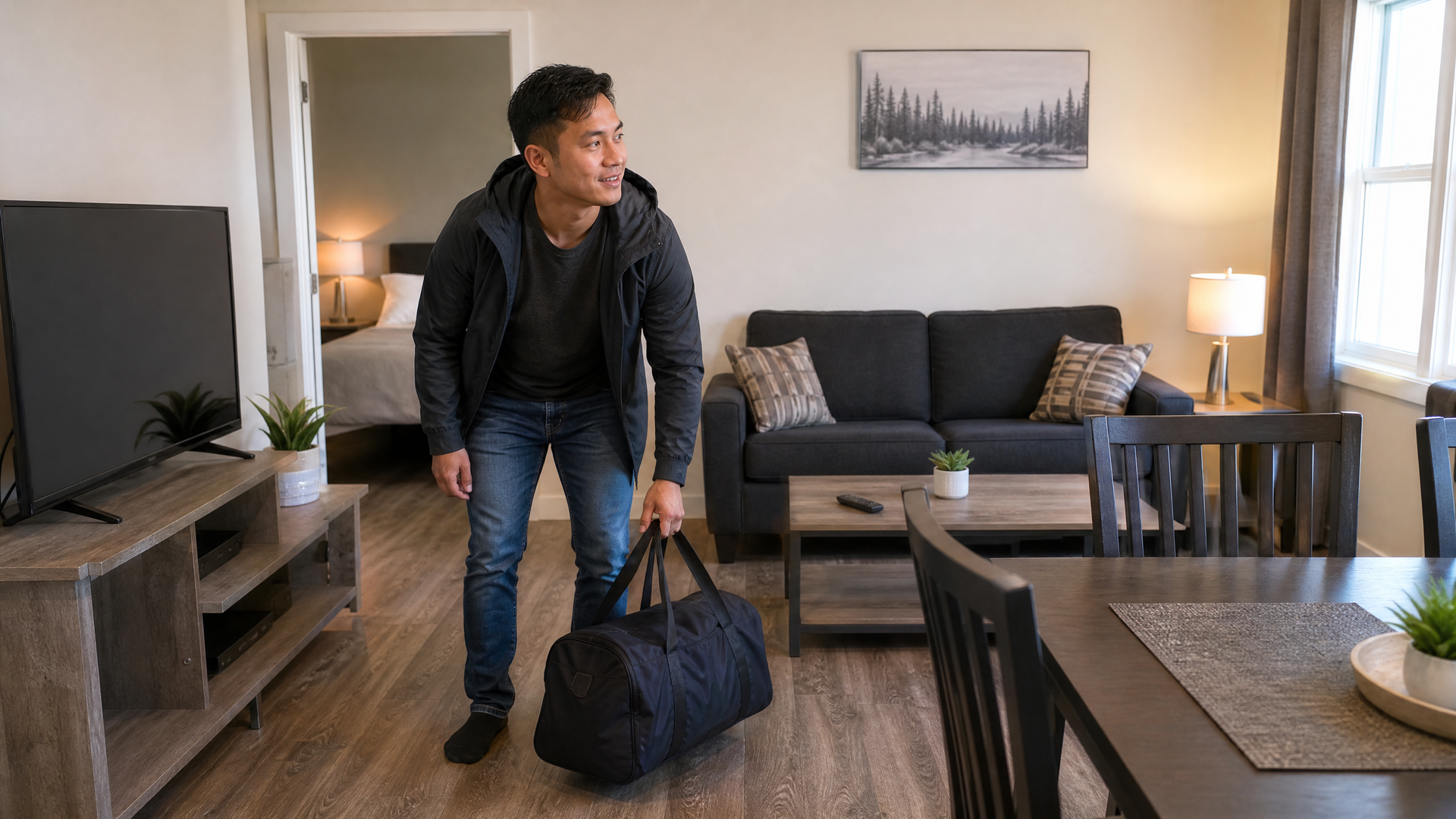 Man in a living room packing a black duffel bag beside a sofa and lamp.