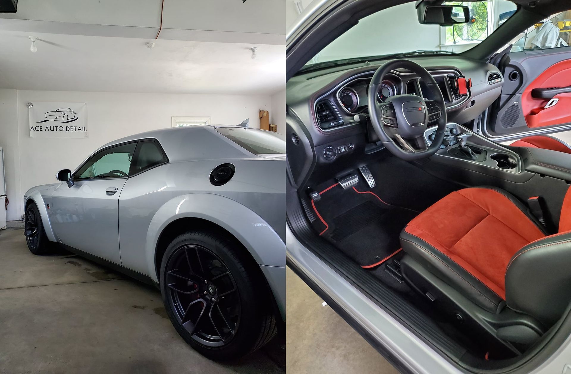 A silver car is parked in a garage next to a picture of the interior of the car.