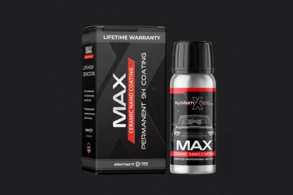 A bottle of max permanent ceramic nano coating next to a box