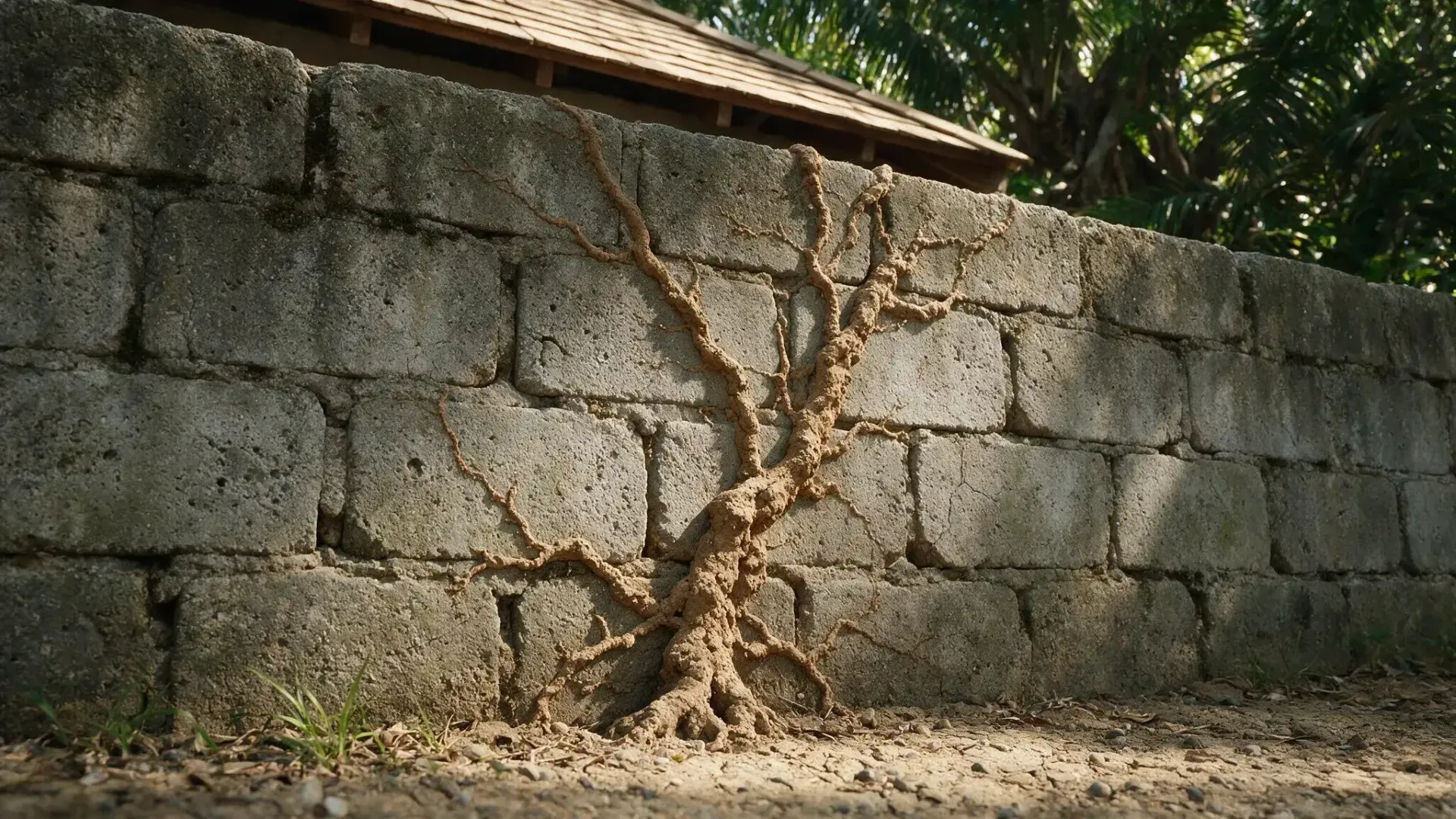 Branching termite mud tube climbing a concrete foundation wall on a Townsville property
