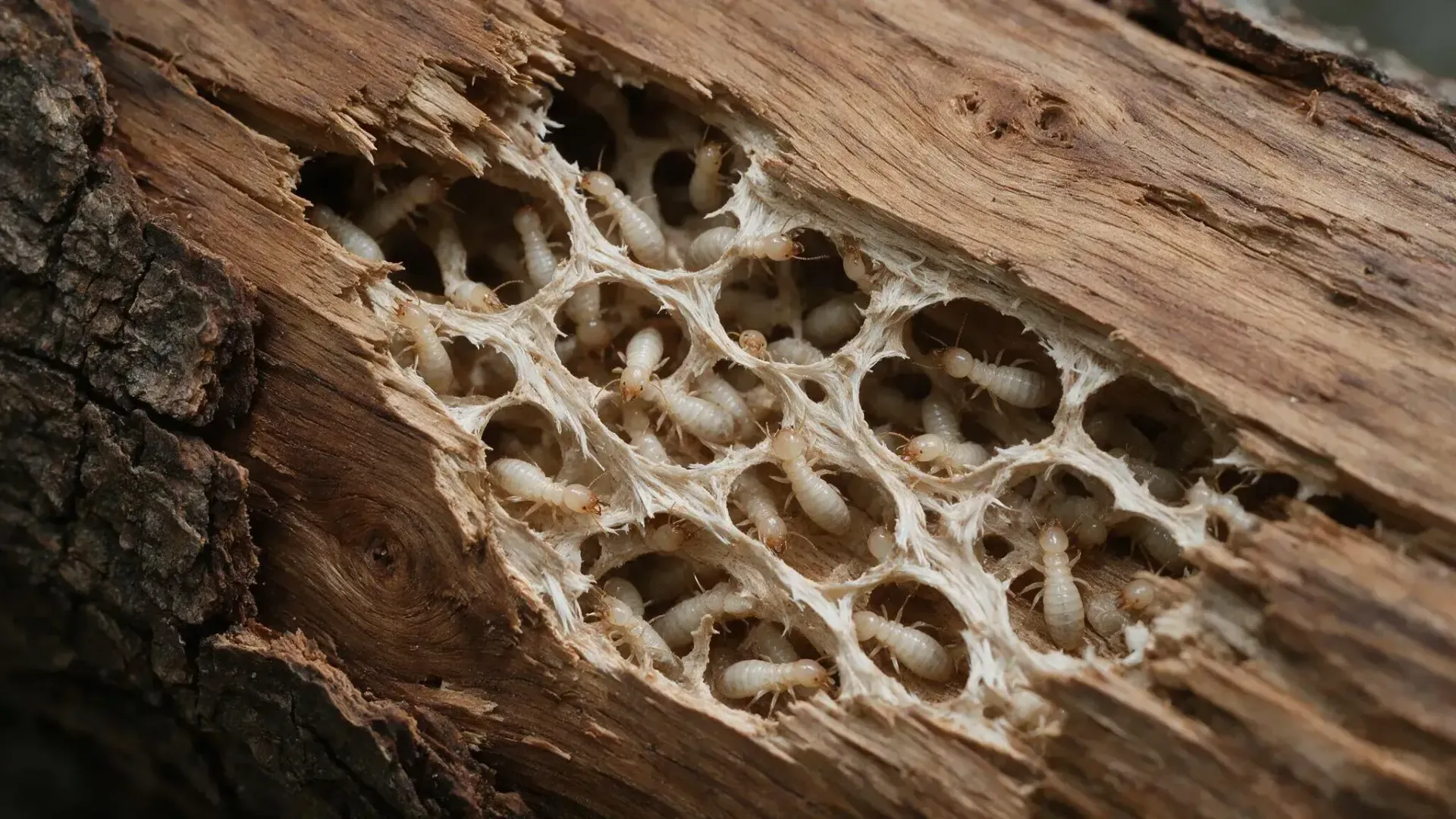 Pale termites, commonly called white ants, exposed inside damaged hardwood timber