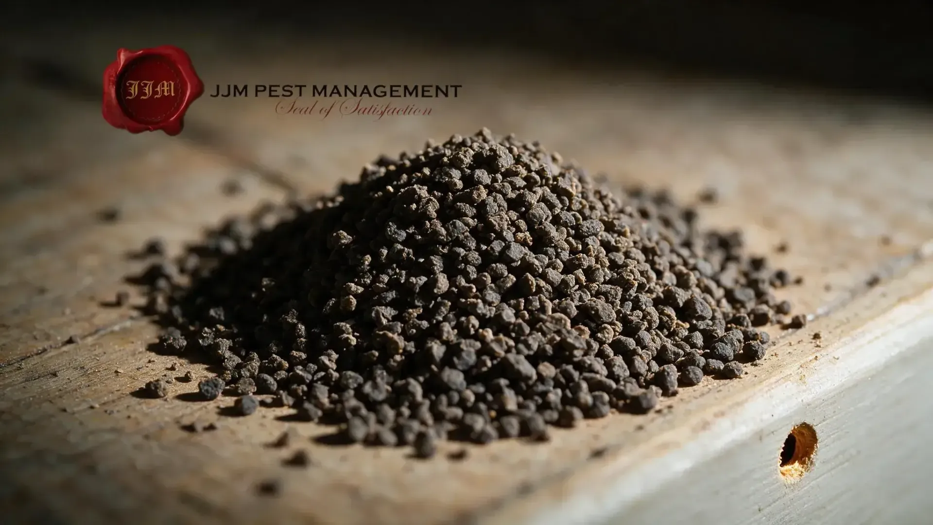 Pile of termite frass resembling coffee grounds on a floorboard beneath a skirting board