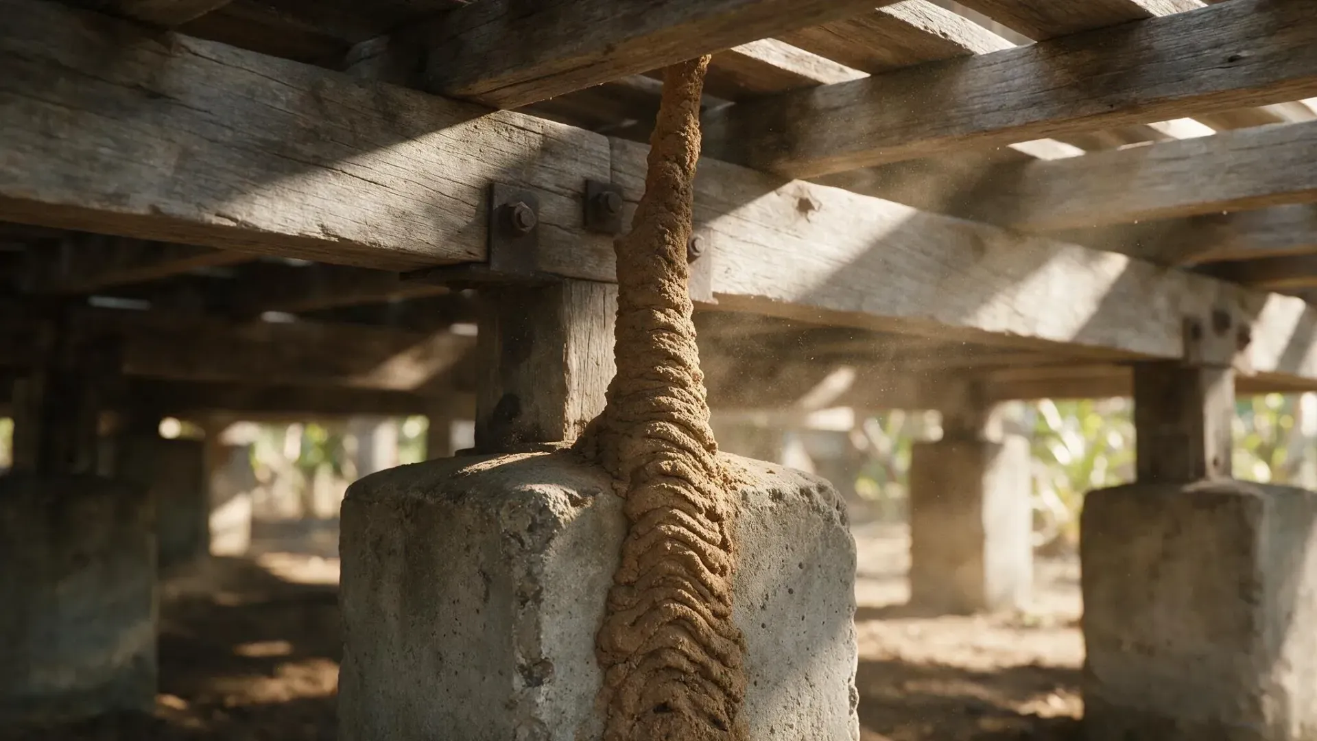 Termite mud tube running up a concrete stump beneath a Townsville Queenslander home
