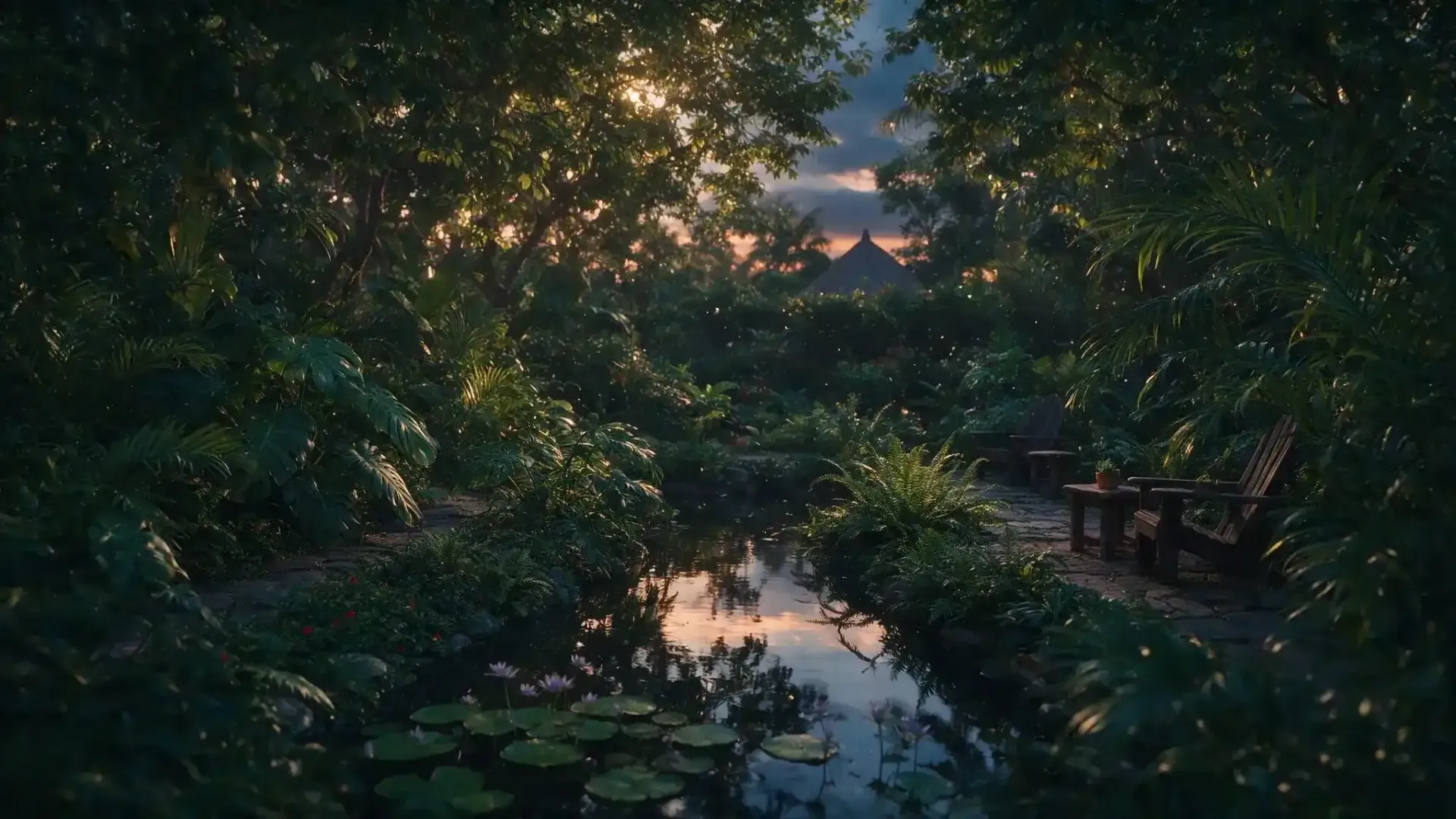 Tropical Townsville backyard at dusk with standing water and dense foliage