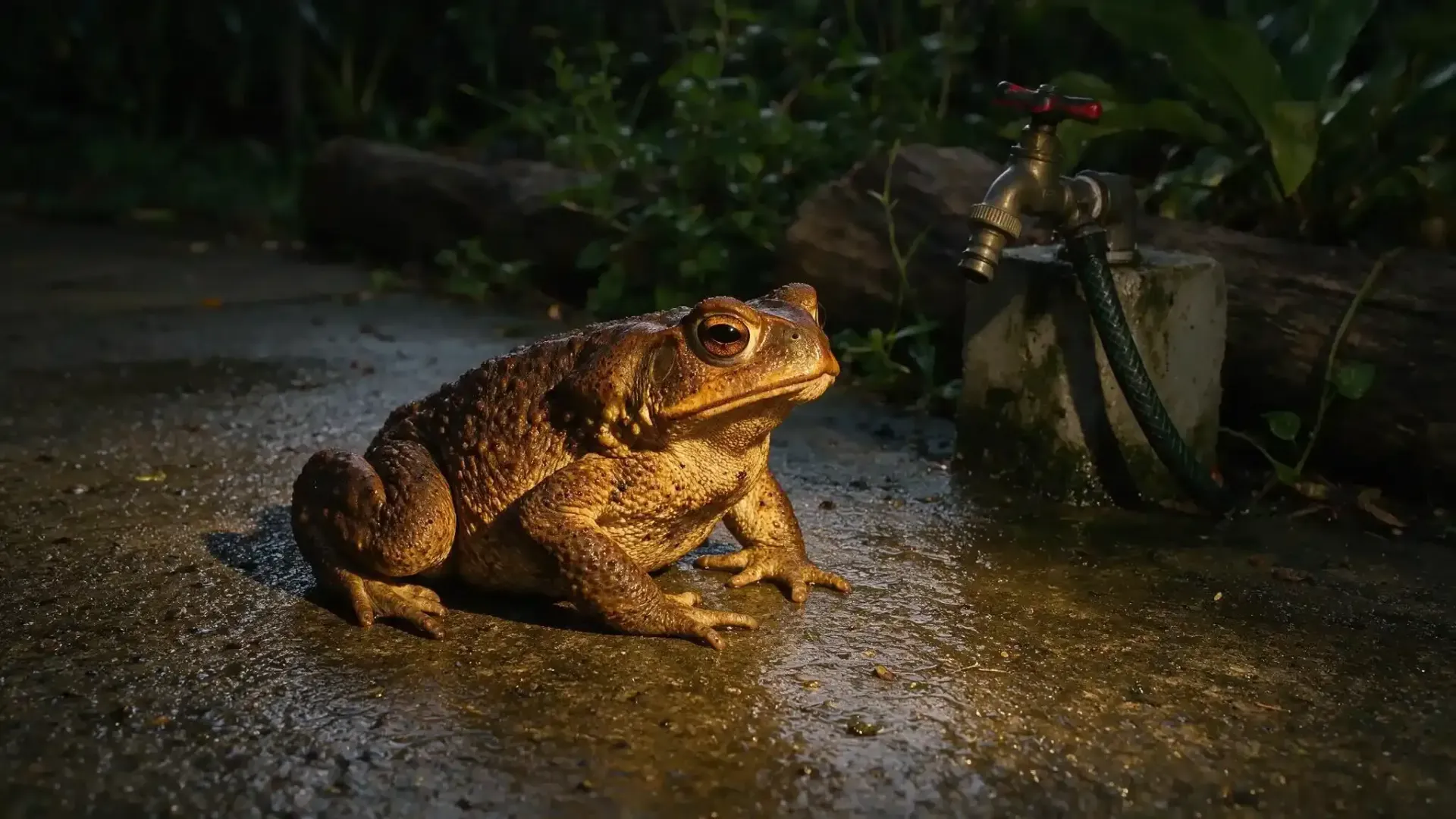 Cane toad sitting on wet concrete beside a garden tap in a Townsville yard at night