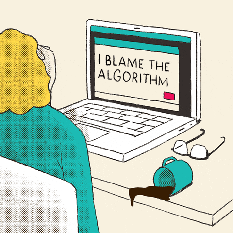 A cartoon of a woman sitting in front of a laptop that says i blame the algorithm