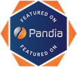a blue and orange badge that says featured on panda