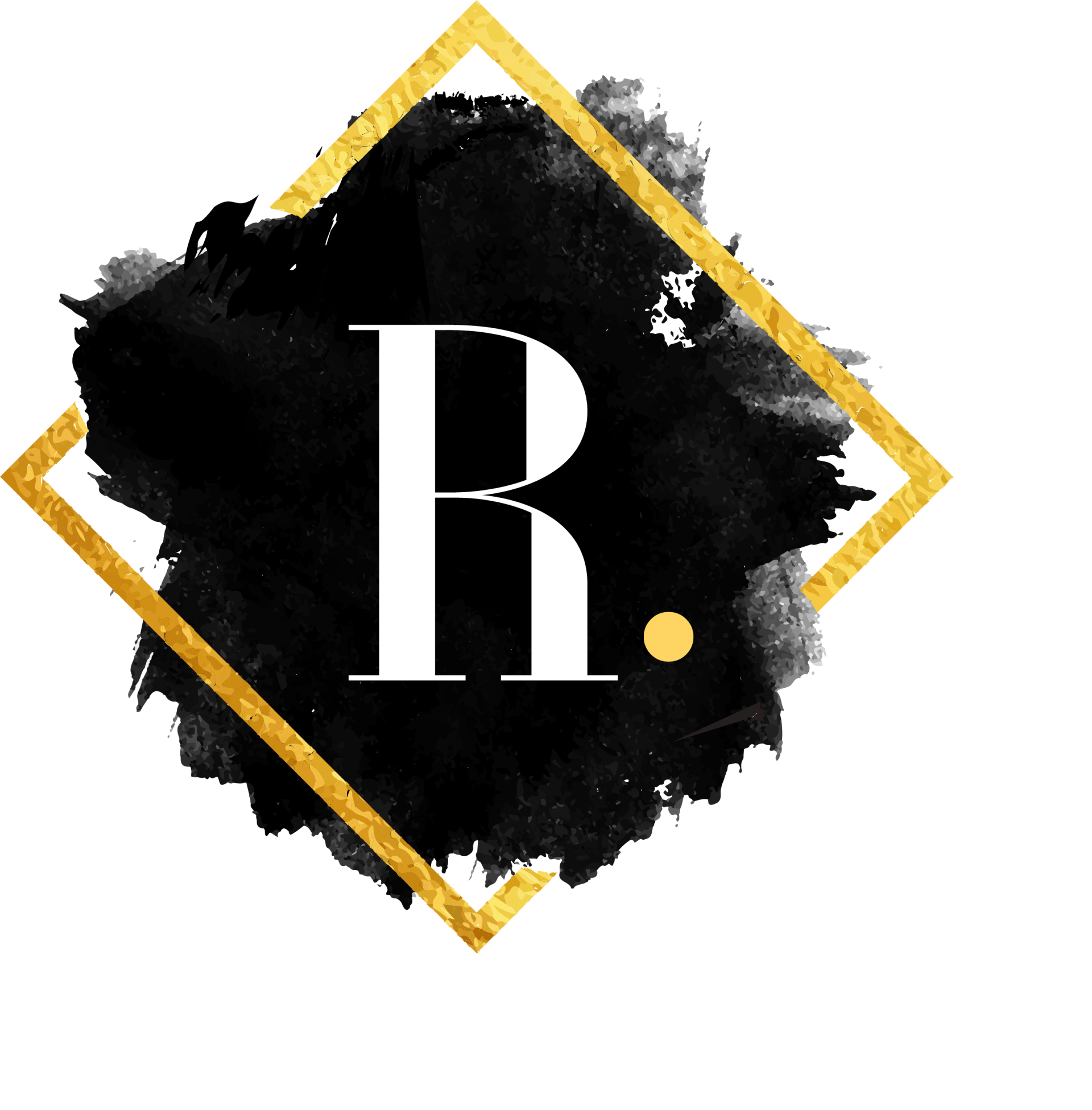 a black and gold logo with the letter r.