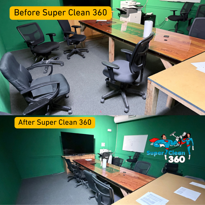 Office meeting room before and after commercial cleaning by Super Clean 360