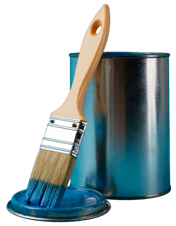 Paintbrush with blue paint dripping from the bristles, leaning against a blue paint can.