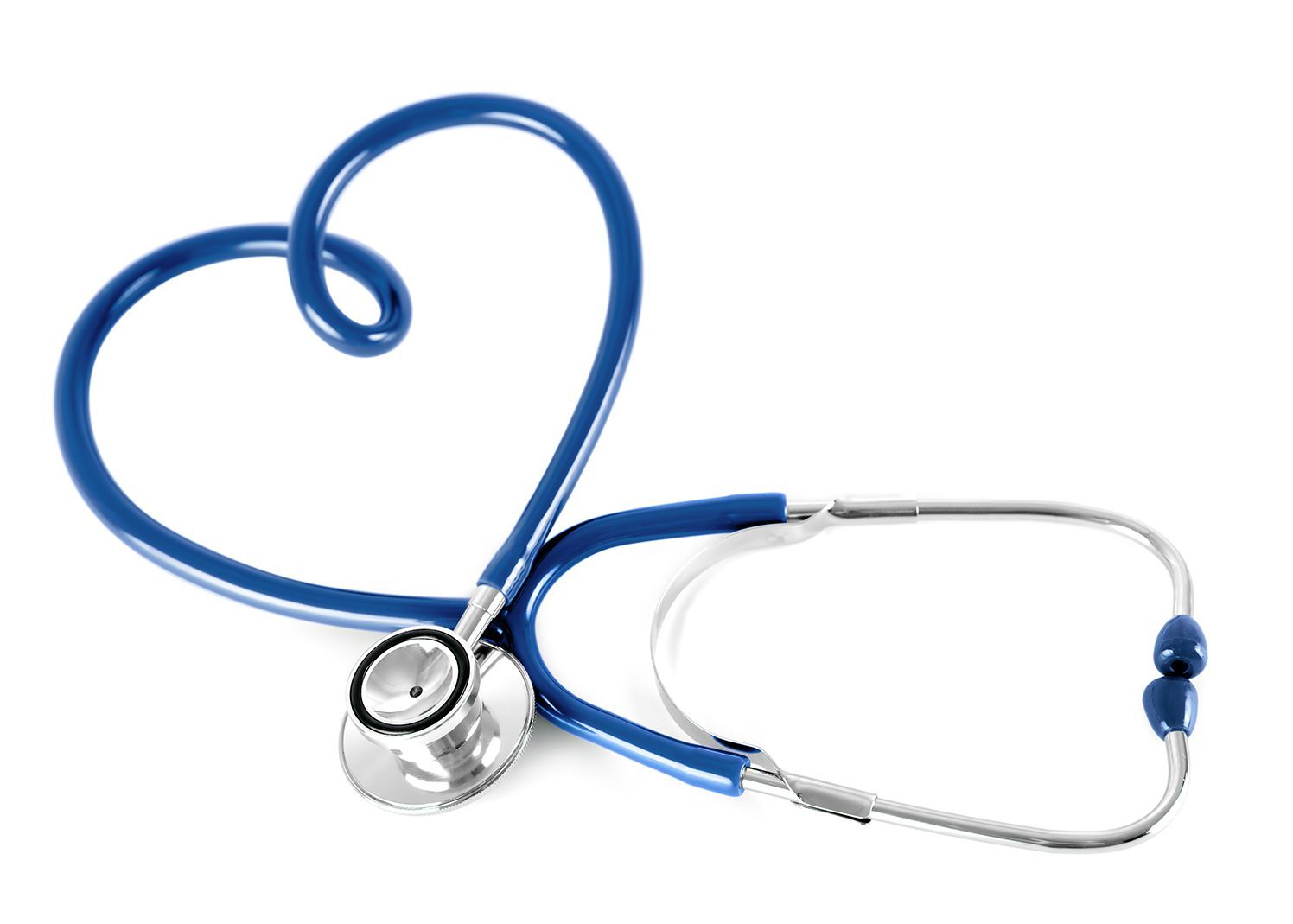 A blue stethoscope is shaped like a heart on a white background.