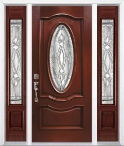 Brown wooden front door with oval glass panel, flanked by two matching frosted glass sidelights.