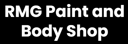 The logo for rmg paint and body shop is white on a black background.