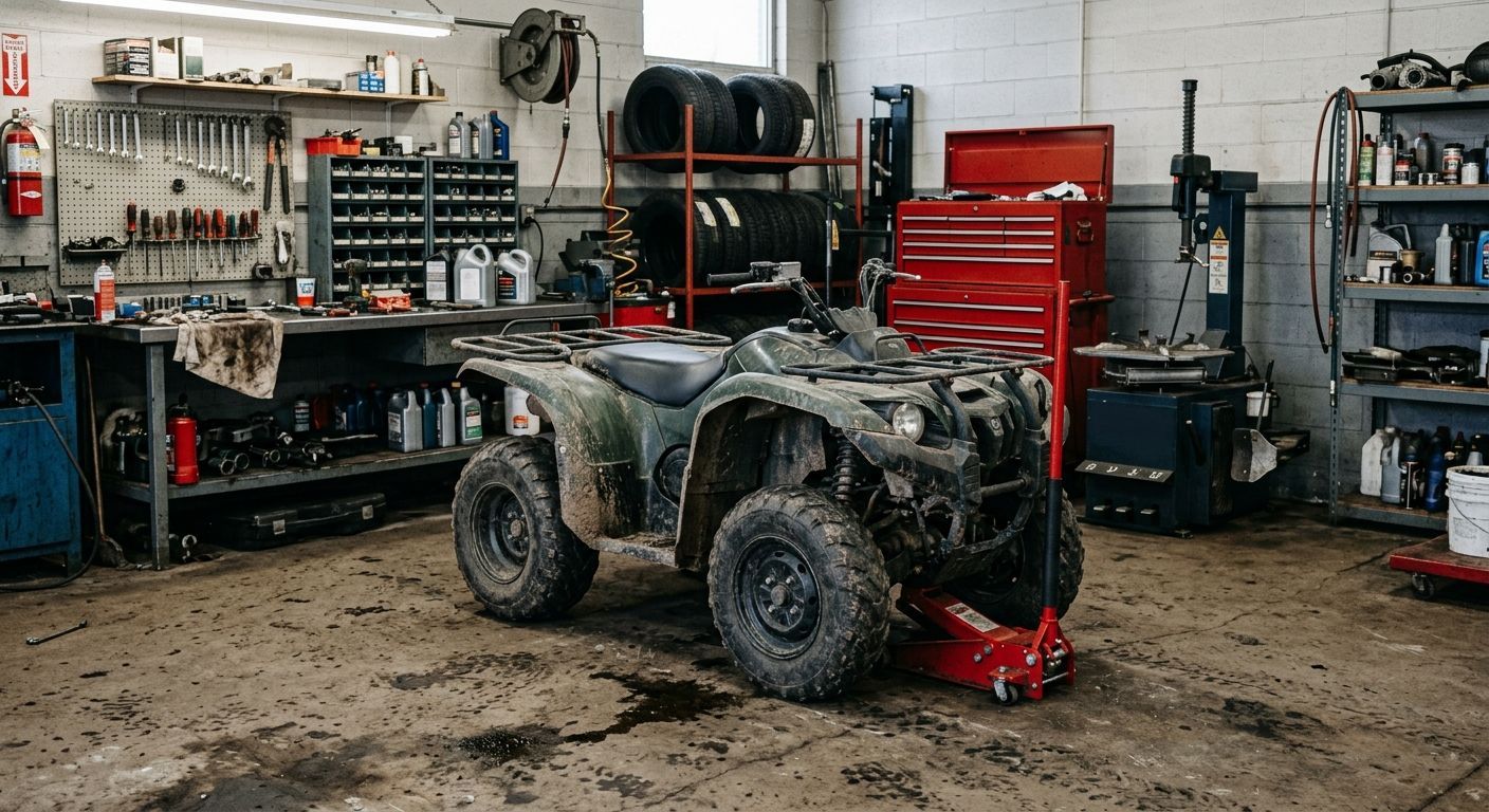 Mud-splattered ATV in a cluttered mechanic’s garage with red tool cabinets and shelves of tools