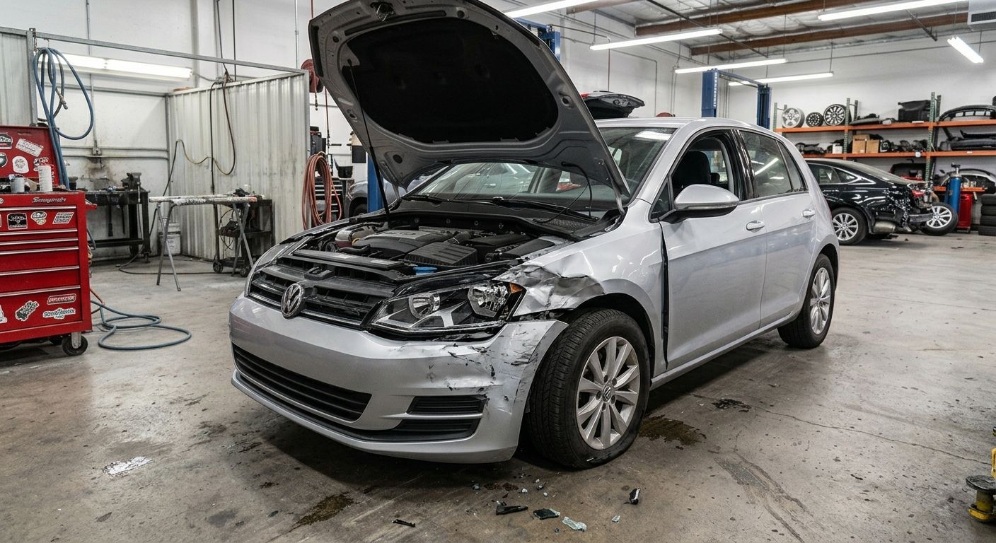 Silver car with hood open in an auto repair shop, front bumper removed and engine exposed.