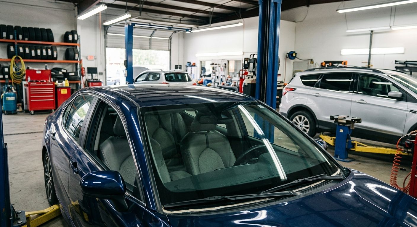Blue car in an auto repair shop with lifts, tools, and other vehicles in the background