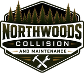 Northwoods Collision and Maintenance logo with pine trees, crossed tools, and black, white, and gold colors