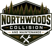 Northwoods Collision and Maintenance logo with pine trees, crossed tools, and black, white, and gold colors