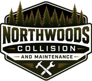 Northwoods Collision and Maintenance logo with pine trees, crossed tools, and black, white, and gold colors