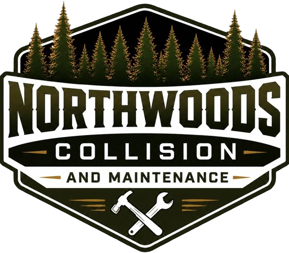 Northwoods Collision and Maintenance logo with pine trees, crossed tools, and black, white, and gold colors