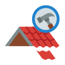 Roof repair icon with a hammer over red roof shingles inside a blue circle