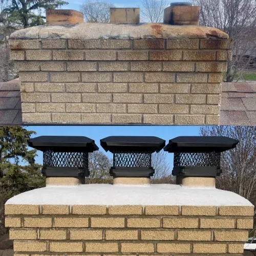 Before-and-after view of a brick chimney with damaged mortar, then repaired with three black chimney caps.
